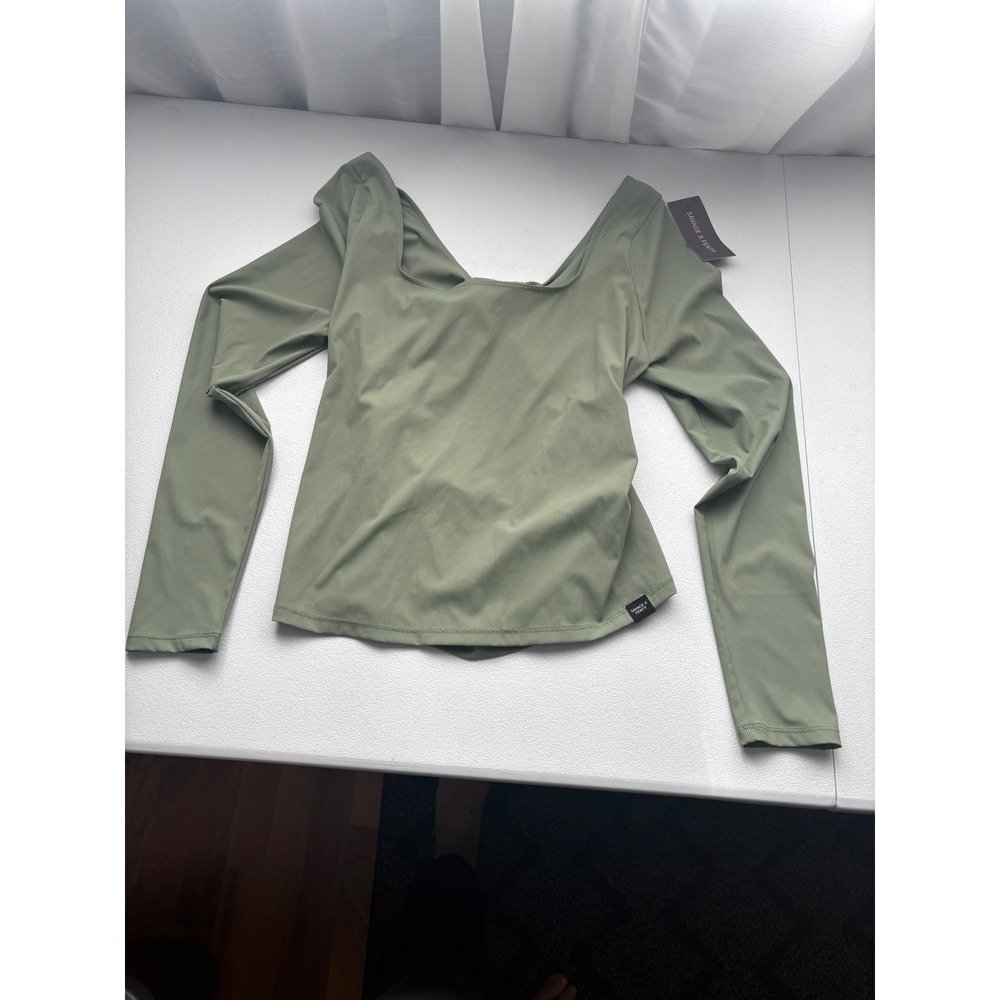 Savage X Fenty Womens‎ 1X Olive Green Ribbed Twist Back Long Sleeve Top NWT